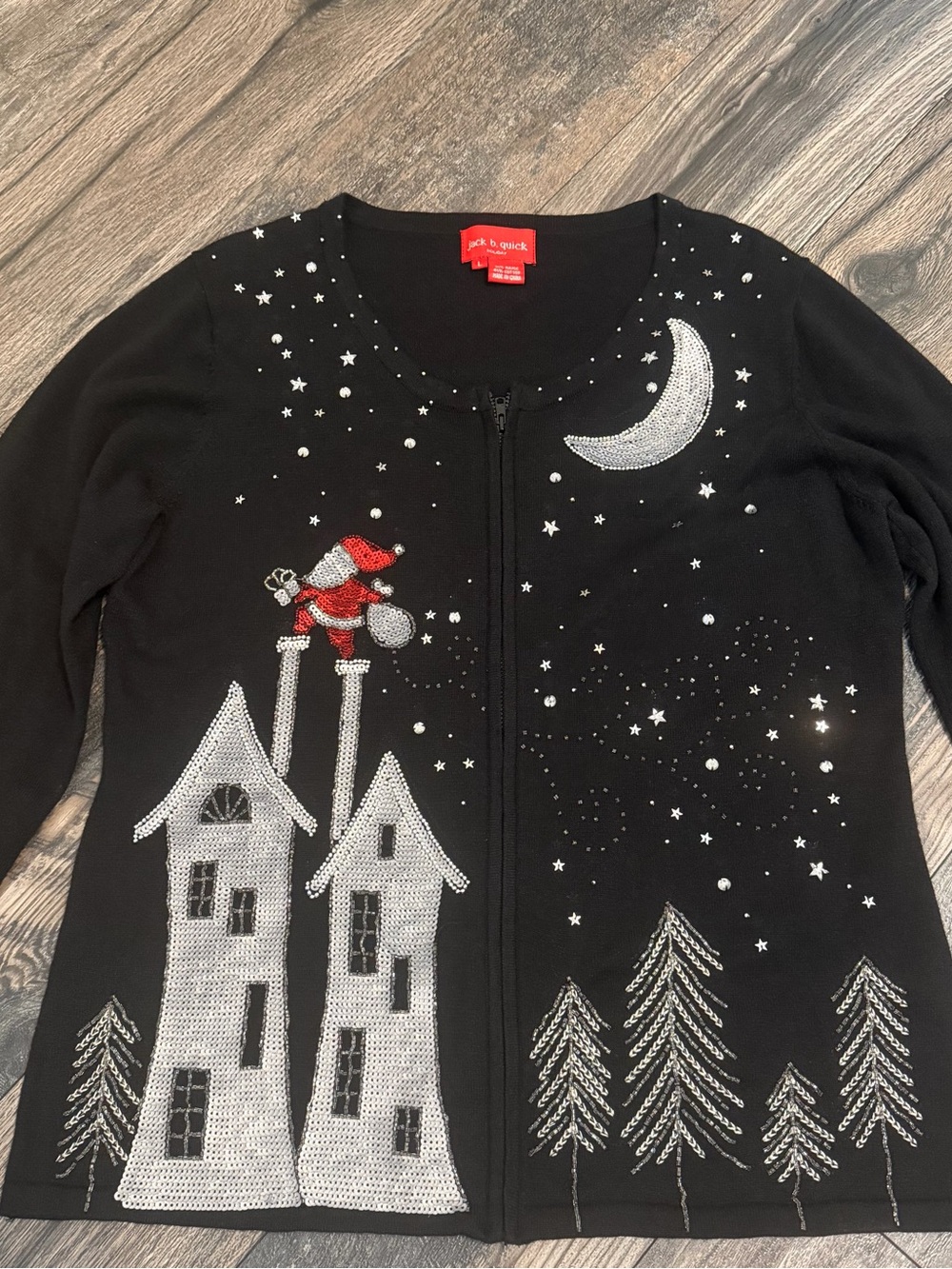 Jack B Quick Black Holiday Santa Cardigan Silver Embellishments Full Zip Large